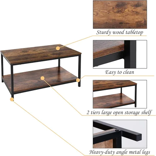 Miniatura 6 de SUPER DEAL Mesa de café industrial de 2 niveles con estante de almacenamiento para apartamento pequeño, sala de estar, mesa auxiliar rectangular