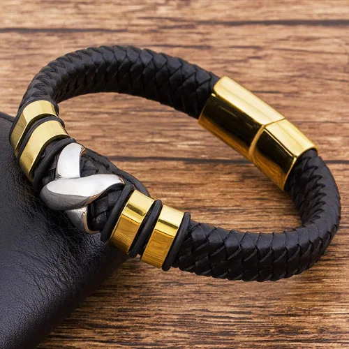 Miniatura 2 de TTNDstore 10081 - Pulsera de cuero genuino para hombre color dorado trenzado accesorios