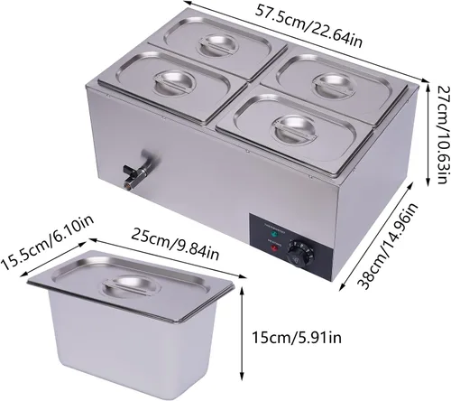 Miniatura 2 de Calentador eléctrico comercial de alimentos de 16.8 cuartos de galón, 600 W, mesa de vapor de 4 bandejas, encimera de buffet Bain Marie de acero