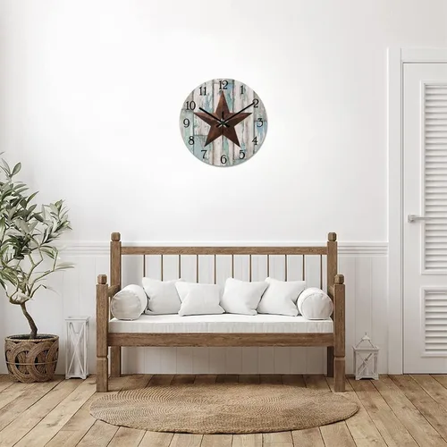 Miniatura 7 de Reloj de pared vintage con estrella de Texas occidental de madera rústica, sin tictac, silencioso, funciona con pilas, fácil de leer, elegante reloj