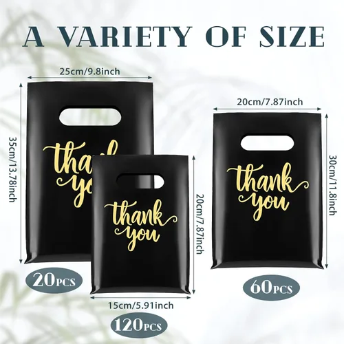Miniatura 2 de Eersida 200 bolsas de plástico de agradecimiento con asas, bolsas de plástico troqueladas, bolsas de mercancía de compras a granel, 3 tamaños, Negro