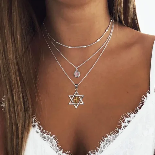 Miniatura 39 de U7 - Collar con Estrella de David para hombres y mujeres, dije hexagonal de acero inoxidable con cruz/piedra de rubí/collares clásicos judíos
