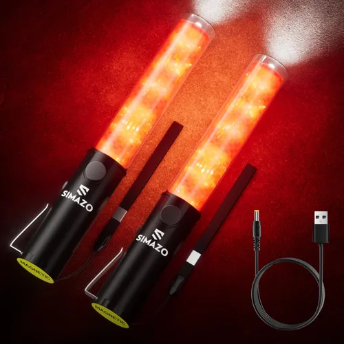 Paquete de 2 varitas recargables de señal de tráfico de 10 pulgadas, bastón de control de tráfico con LED blanco en la parte superior, varita de Rojo