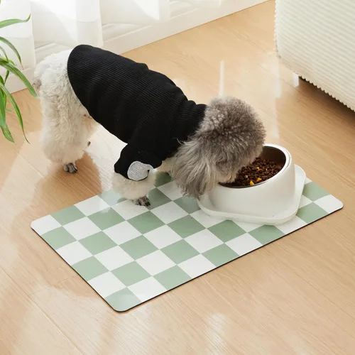 Miniatura 3 de Alfombrilla de alimentación para perros a cuadros, tapetes absorbentes para cuenco de comida y agua para perros, dispensador, alfombrilla estética
