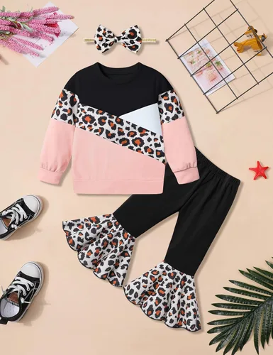 Miniatura 4 de Queenstyle Sudadera de bloque de color para niña pequeña + pantalones de campana + diadema para otoño e invierno