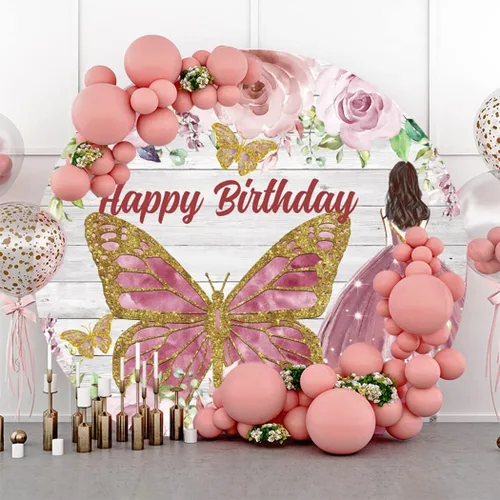 Miniatura 3 de Leyiyi Telón de fondo redondo de 3 x 3 pies, diseño de flores de acuarela azul, mariposa, fondo de círculo de madera rústica, para niñas y mujeres