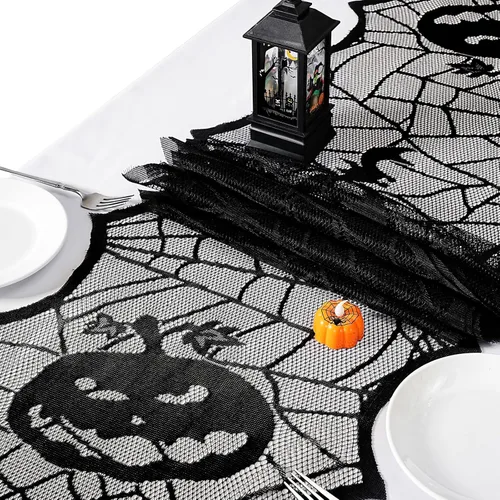 Miniatura 5 de B-COOL Camino de mesa de telaraña de Halloween, tela de araña negra, 2 paquetes de 18 x 72 pulgadas, mantel espeluznante de poliéster para fiestas