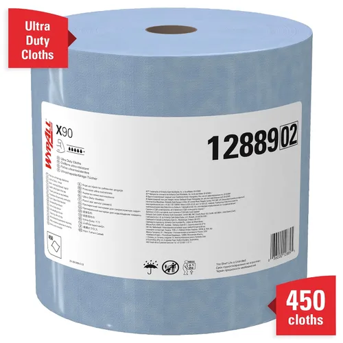 Miniatura 3 de WypAll Paños PowerClean X90 Ultra Duty (12889), rollo jumbo, toallas de uso extendido, azul (450 hojas/rollo, 1 rollo/caja, 450 hojas/caja)