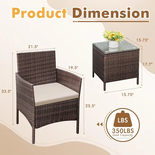 Miniatura 7 de Flamaker Juego de muebles de patio de 3 piezas de ratán para todo tipo de clima, muebles de exterior, sillas de patio con mesa de vidrio templado