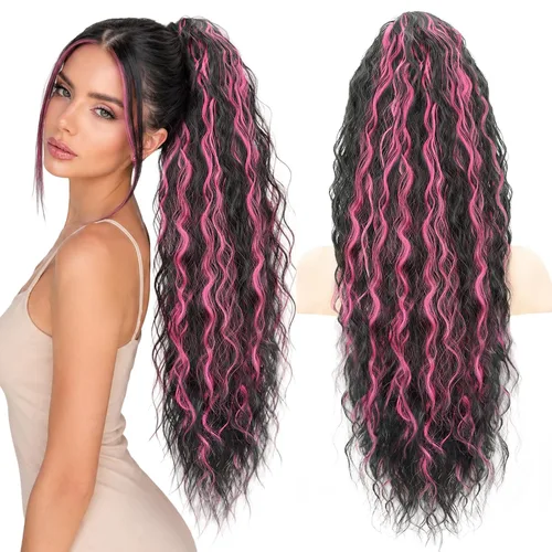 Miniatura 17 de Extensión de cola de caballo con cordón, extensión de cola de caballo larga y rizada para mujeres negras, extensiones de cabello negro de 26
