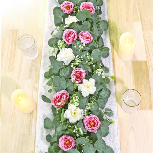Miniatura 16 de TOCHGREEN Paquete de 4 Guirnaldas de Flores de Eucalipto Artificial con Rosas Blancas, Guirnalda de Flores de Rosa Falsa Vegetación Enredaderas