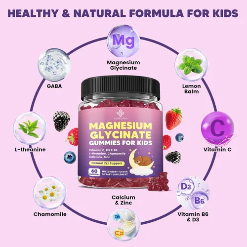 Miniatura 4 de Gomitas de magnesio para niños, gomitas de glicinato de magnesio 400 mg/200 mg con L-teanina, manzanilla, vitamina B6, D3 para niños, relajación