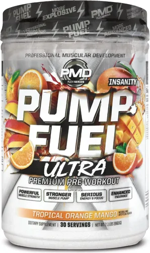 PMD Sports Pump Fuel Ultra Insanity - Polvo de preentrenamiento premium y bomba muscular, mayor enfoque, resistencia y recuperación, creatina Mango