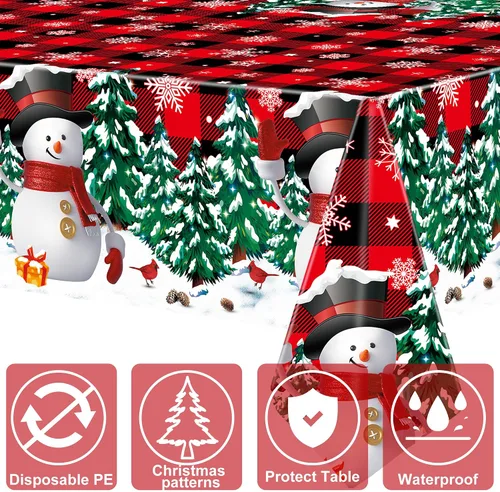 Miniatura 3 de 2 manteles de plástico desechables de Navidad con diseño de muñeco de nieve, mantel rectangular de Navidad con diseño de copo de nieve y búfalo