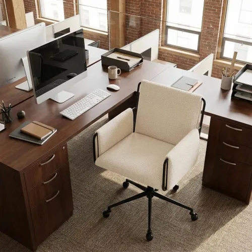 Miniatura 3 de YOUNIKE Silla de oficina en casa con brazos, silla de escritorio moderna con ruedas, sillas de tocador de tela con cómodas patas cruzadas traseras