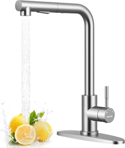 Miniatura 13 de WEWE Grifo de Fregadero de Cocina, Grifo de Cocina Extraíble, Grifo de Cocina Negro y Cromado con Rociador de Acero Inoxidable de Una Sola Manija