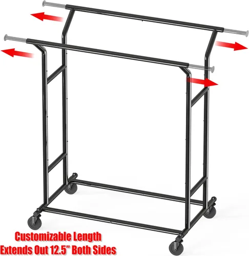 Miniatura 3 de Simple Houseware - Perchero de ropa de doble riel resistente, color negro, con capacidad de hasta 200 lbs, varilla extensible de 43 a 67 pulgadas