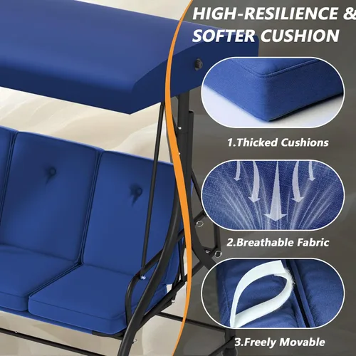 Miniatura 3 de Cama columpio para porche de 3 asientos con toldo ajustable y cojines extraíbles, marco de acero resistente, columpio para patio al aire libre, Azul