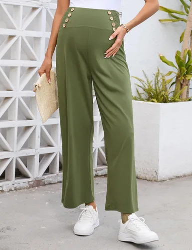 Miniatura 5 de Pantalones de maternidad para mujer, de cintura alta, con doble botonadura y pierna ancha, pantalones largos sueltos para embarazo, pantalones