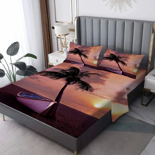 Juego de sábanas de playa divididas tamaño King para camas ajustables, palmeras tropicales al atardecer, juego de 5 piezas, microfibra suave con