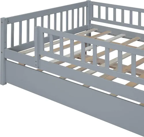 Miniatura 8 de P PURLOVE Sofá cama matrimonial con nido, marco de sofá cama con barandillas de valla, sofá cama de madera para niños, niñas y adolescentes jóvenes
