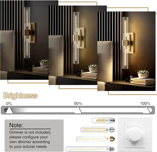 Miniatura 5 de YUYI Juego de dos apliques de pared de latón, 22.8'' apliques de baño dorados con pantalla de vidrio transparente, luces de pared de tocador