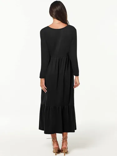 Miniatura 2 de Paintcolors Vestido largo casual de manga larga con cuello en V para mujer, vestido escalonado, color sólido, holgado, con vuelo, vestido midi