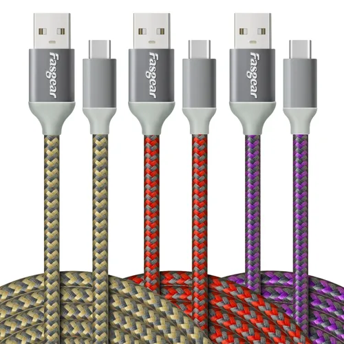 Fasgear Cables USB C a USB A, paquete de 3 cables de carga rápida 3A de 10 pies de largo, tipo C, 2.0, trenzados, compatibles con Galaxy S21 Plus