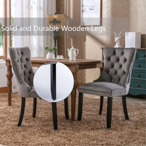 Miniatura 6 de Shenyon Juego de 2 Sillas de Comedor de Terciopelo Gris, Sillas de Comedor Tapizadas con Ribete de Anilla Trasera y Patas de Madera Maciza, Sillas