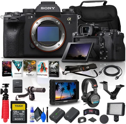 Sony Cámara digital sin espejo Alpha 1 (solo cuerpo) (ILCE-1/B) + monitor 4K + auriculares Pro + tarjeta de memoria resistente de 128 GB + Pro Mic +
