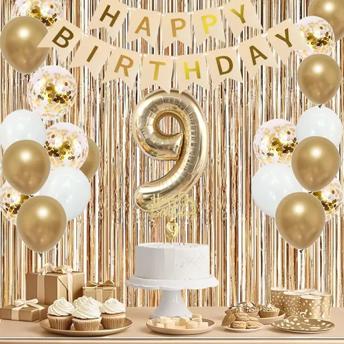 Miniatura 6 de Trgowaul Decoraciones de 9º cumpleaños para niñas, pancarta, banda y corona, decoración de pastel, globo de número 9, cortinas de flecos