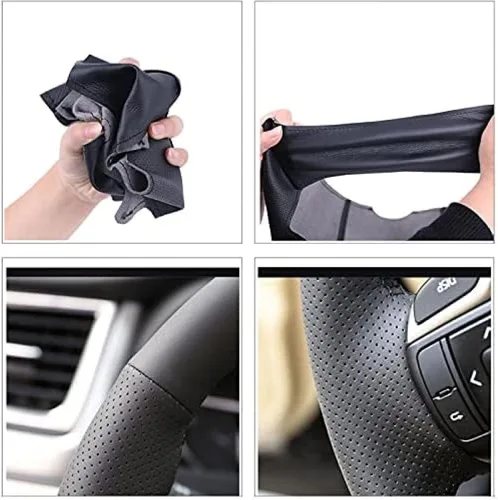 Miniatura 5 de Hand-Stitched Black Leather Car Steering Wheel Cover, for Mercedes-Benz GL350 ML350 Ceed Cerato DIY Breathable Steering Wheel Covers Blue Thread