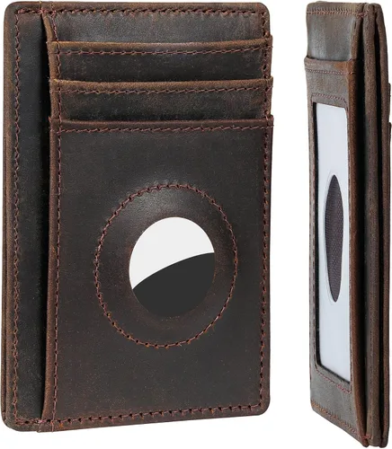 Hawanik - Soporte para localizador de cartera de cuero genuino delgado minimalista compatible con localizador Crazy Horse cuero versión mejorada