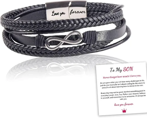 Pulsera de cuero trenzado con texto en inglés «Love You Forever» para hombres y niños, pulsera inspiradora de acero inoxidable, pulsera de cuero