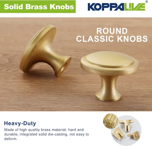 Miniatura 3 de Paquete de 5 pomos de latón macizo, pomos redondos dorados para cajones de tocador, manijas de latón cepillado, accesorios para armarios de cocina