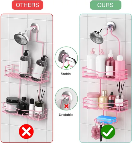 Miniatura 5 de DAOYA Over the Shower Head Caddy Pink - Organizador de ducha colgante con 3 soportes para jabón, organizador de baño de acero inoxidable