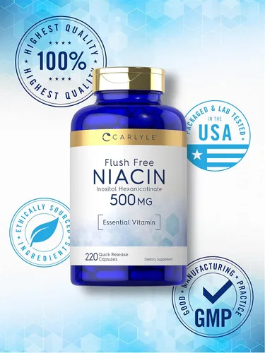Miniatura 5 de Carlyle Niacina Flush Free 500mg 220 Cápsulas Suplemento sin OMG y sin gluten