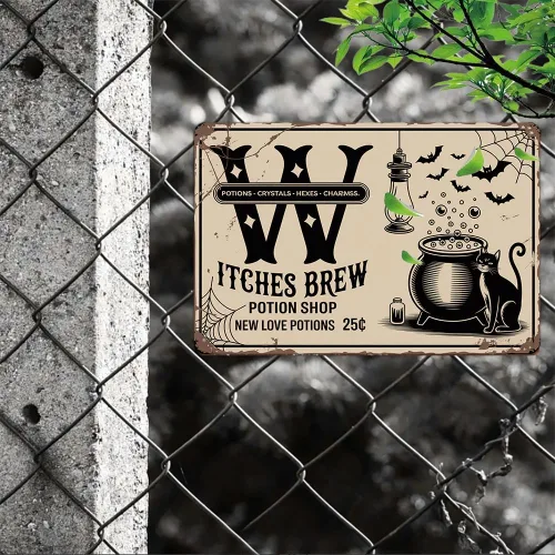 Miniatura 5 de Letrero de metal vintage con texto en inglés «Witches Brew Potion Shop», 8 x 12 pulgadas, diseño de bruja gótica, para porche, pubs, cafetería