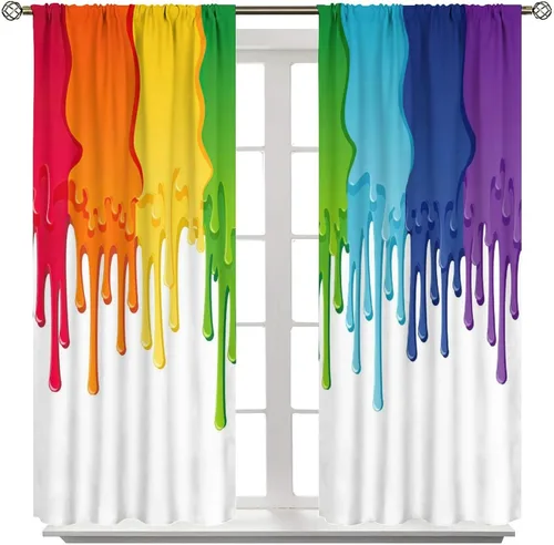 Miniatura 8 de Cortinas opacas abstractas de arco iris, pintura de color arcoíris con gotas, diseño gráfico creativo con bolsillo para barra, para sala de estar