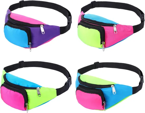 4 cangureras de neón de los años 80 con 2 bolsillos, riñonera retro para mujeres y hombres, accesorios de los años 80 y 90, talla grande, para