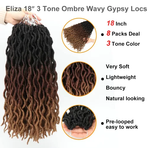 Miniatura 2 de Eliza - Extensiones de cabello trenzado sintético, de rizos gitanos, ondulados, teñido degradado estilo ombre, 8 paquetes/lotes, 100 % kanekalon