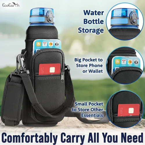 Miniatura 4 de EcoEarth - Water Bottle Holder with Strap - Water Bottle Carrier Bag for Hiking - Crossbody Hydration Pouch with Phone Holder Negro