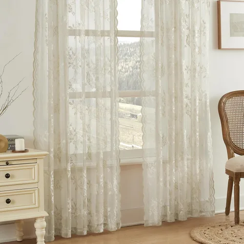 Miniatura 23 de SEEKRIGHT - 2 paneles de cortinas traslúcidas de encaje negro, cortinas góticas florales, cortinas victorianas con bolsillo para cortinero