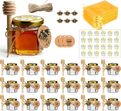 Mini tarros de miel, 1.5 onzas de cristal hexagonal con goteros, abalorios de abeja, bolsas de regalo de organza y calcomanías, perfecto para