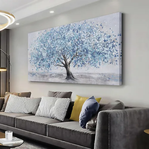 Arte de pared de árbol de la vida, cuadro de árbol azul, decoración de pared, obra de arte enmarcada, lienzo abstracto, pintura de la naturaleza