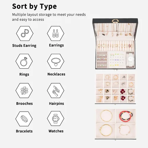 Miniatura 5 de Joyero para mujeres y niñas, organizador de joyas grande con cerradura de 3 niveles para collares, anillos, aretes, piel sintética (blanco)