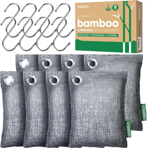 Absorbedor de olores de carbón activado, paquete de 8 con ganchos, eliminador de olores naturales para olores fuertes, bolsas purificadoras de aire