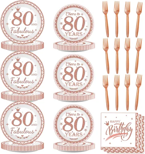 Decoraciones de cumpleaños número 80 para mujeres, platos y servilletas de cumpleaños 80, suministros de fiesta de oro rosa, suministros de fiesta