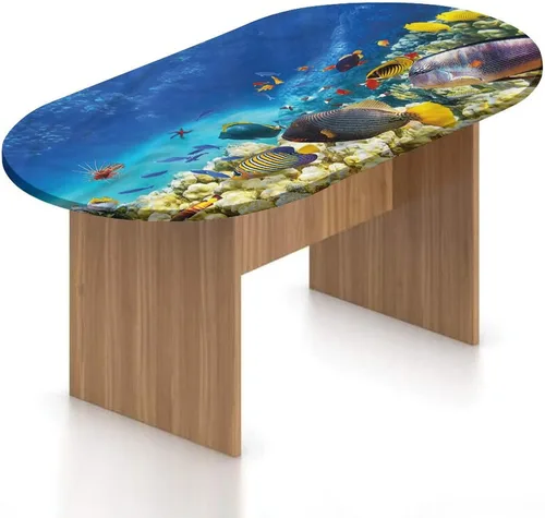 Miniatura 8 de Mantel ovalado ajustable, mantel de poliéster con bordes elásticos de pez, diseño de figuras divertidas de peces sobre ramas, se adapta a mesas