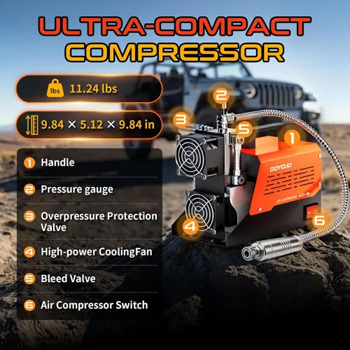 Miniatura 6 de GOYOJO Compresor de aire PCP AC-2, bomba de aire portátil sin aceite de 4500 PSI/30 MPa, hasta 45 minutos de tiempo de funcionamiento continuo